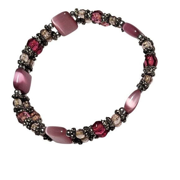 Elegant Pink Silver Beaded Stretch Bracelet Classic Fashion Jewelry Women - Picture 3 of 4